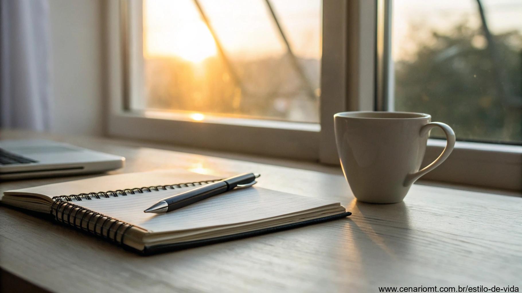 Mesa de trabalho minimalista com caderno, caneta e xícara de café, com luz quente da tarde entrando pela janela