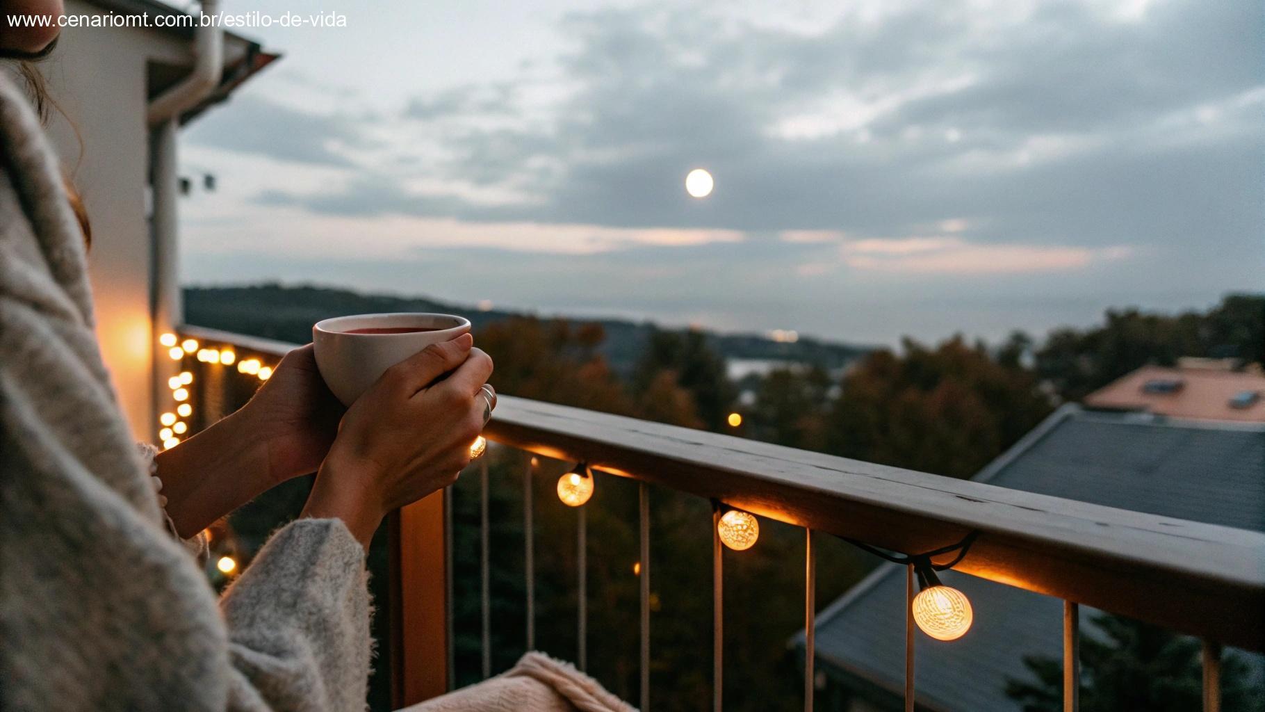 Par de mãos segurando uma bebida quente enquanto observam a lua de uma varanda aconchegante