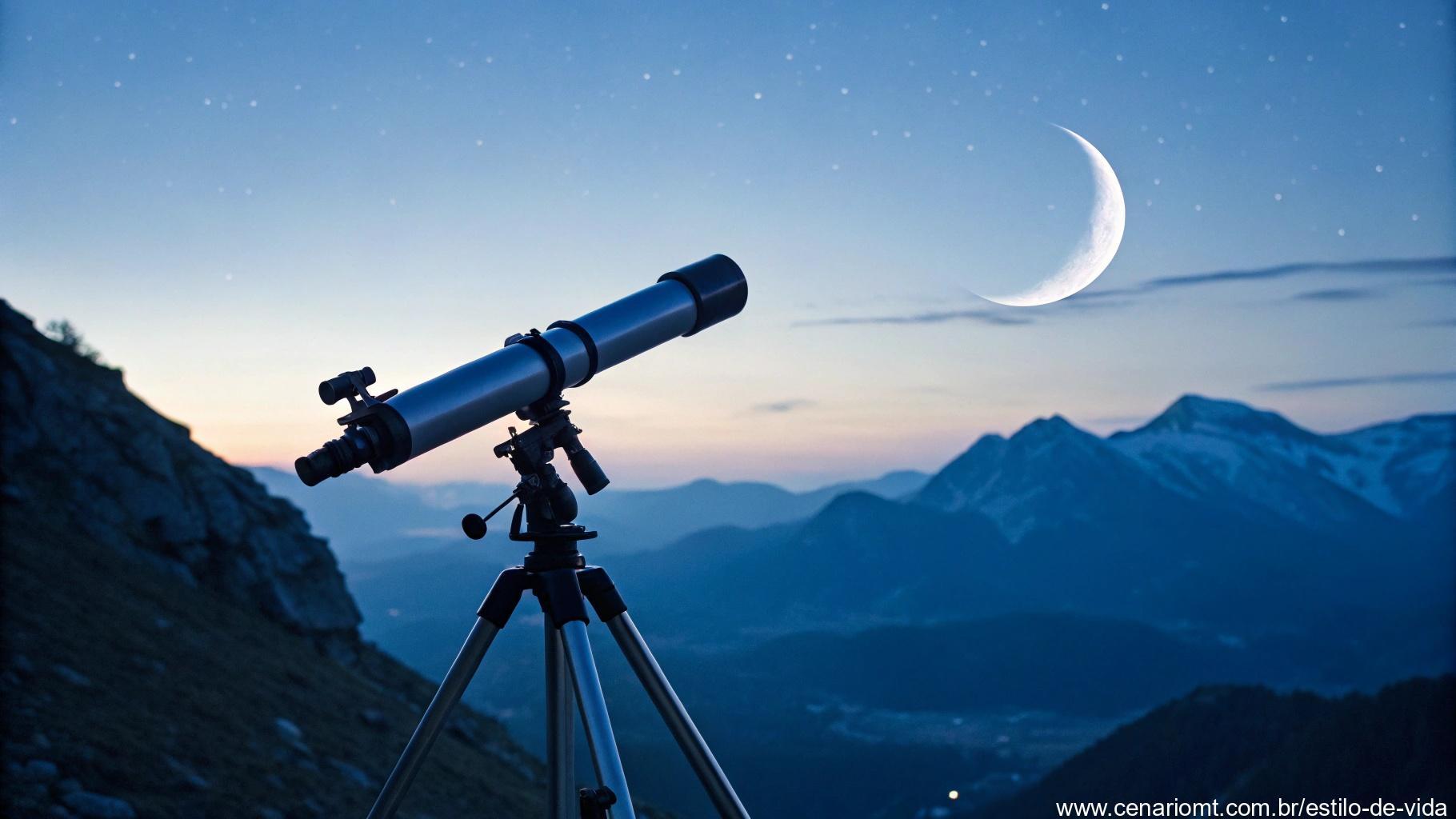 Telescópio apontado para a Lua Crescente com montanhas ao fundo