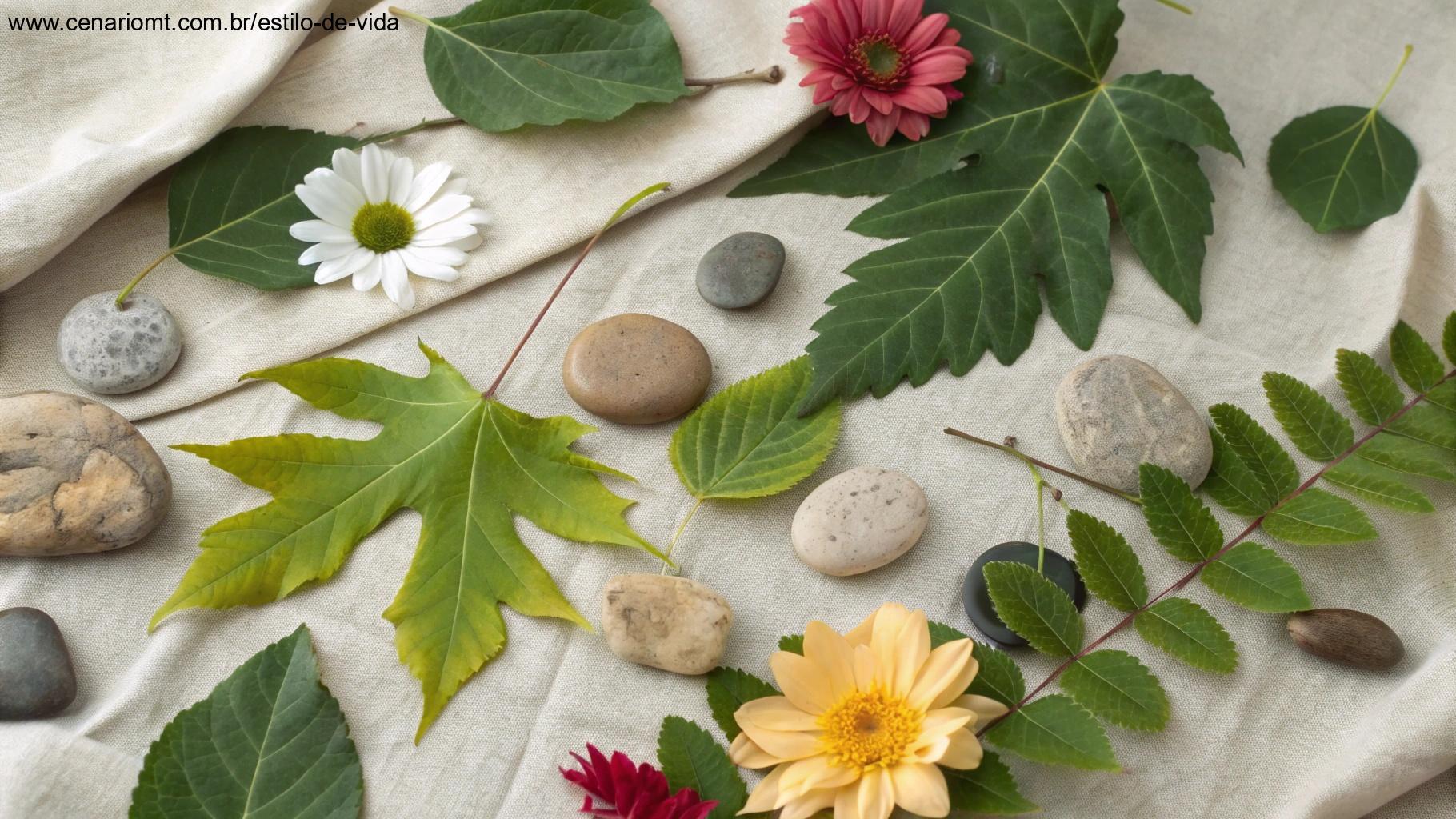 Arranjo artístico de elementos naturais como folhas, pedras e flores sobre tecido texturizado