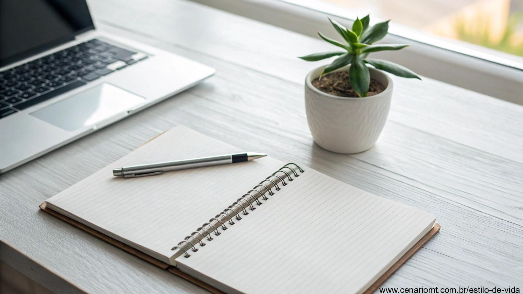 Espaço de trabalho organizado e minimalista com caderno e planta