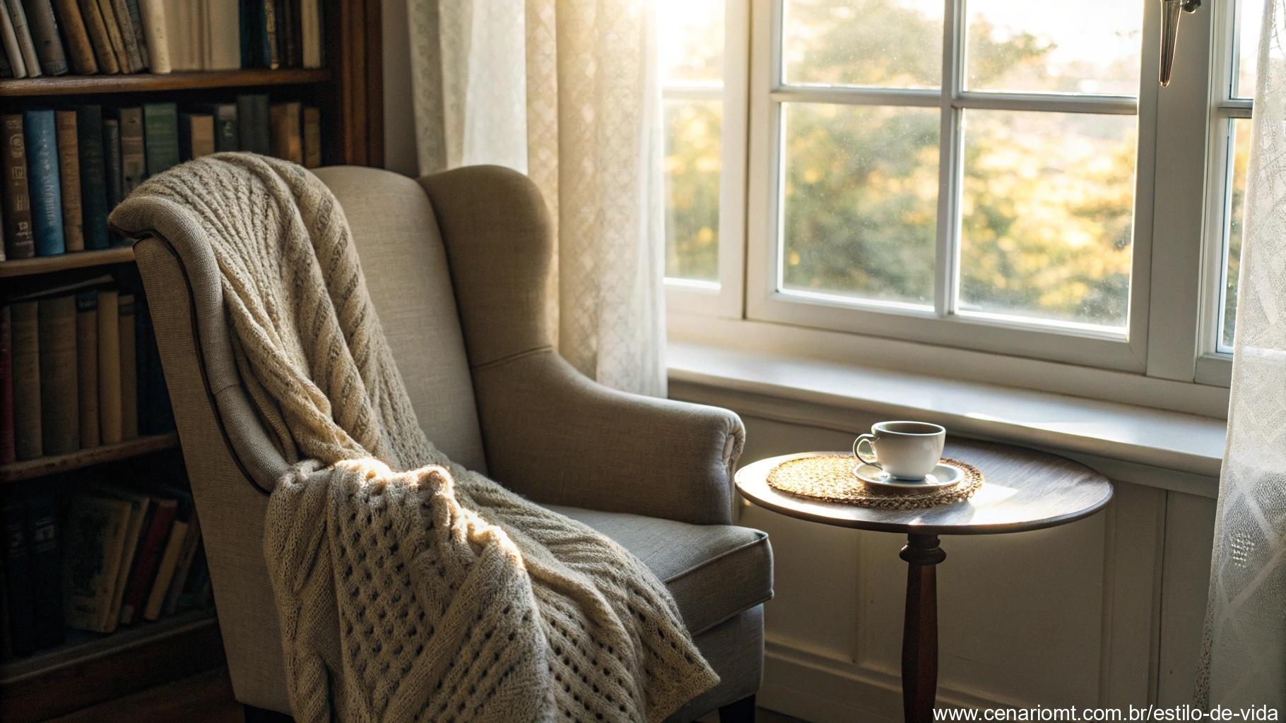 Canto aconchegante de leitura perto de uma janela com xícara de café em uma mesinha, cadeira fofa com cobertor de tricô e luz do sol entrando pelas cortinas