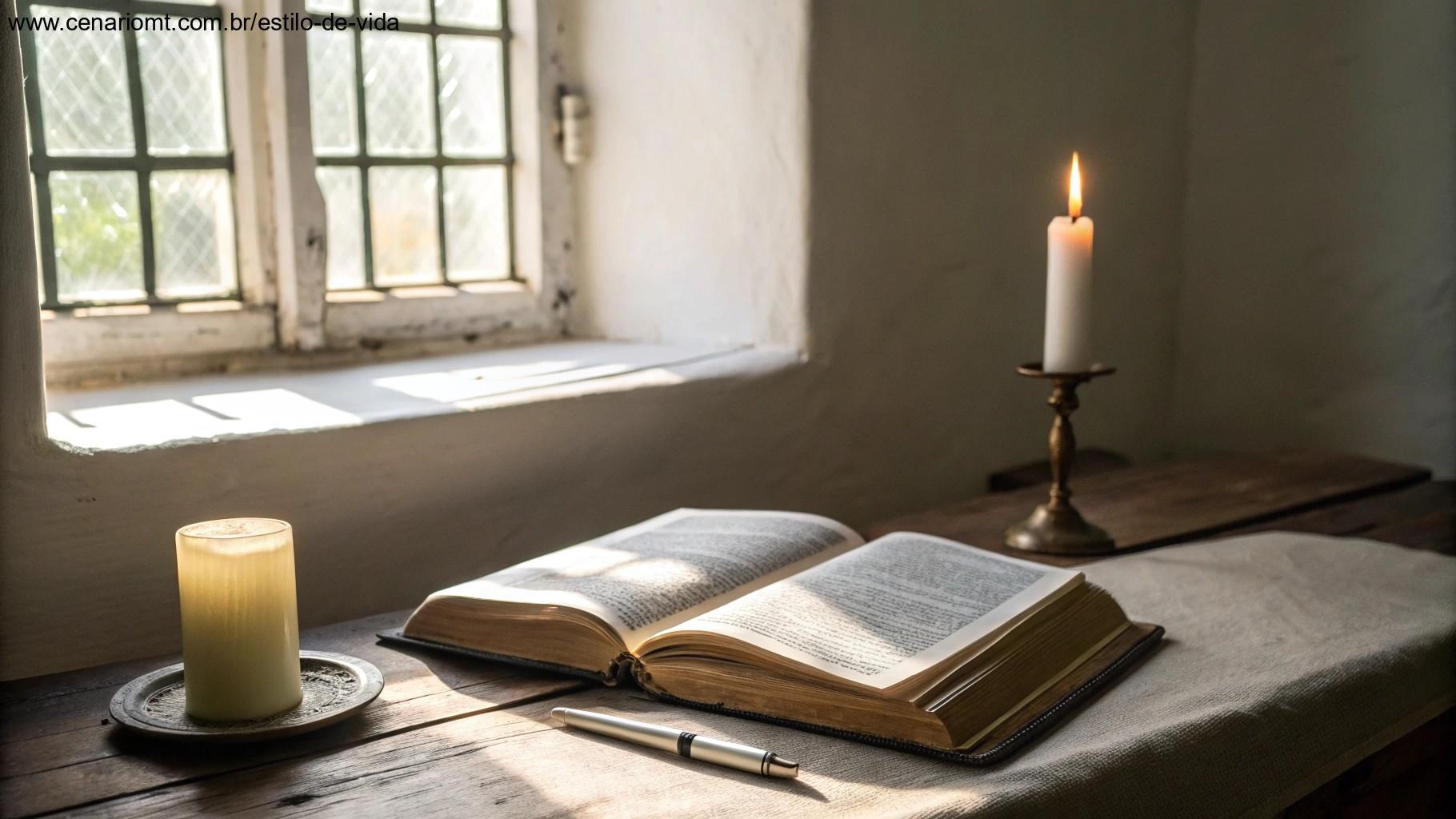 Ambiente tranquilo com bíblia aberta e vela acesa ao lado de um diário espiritual