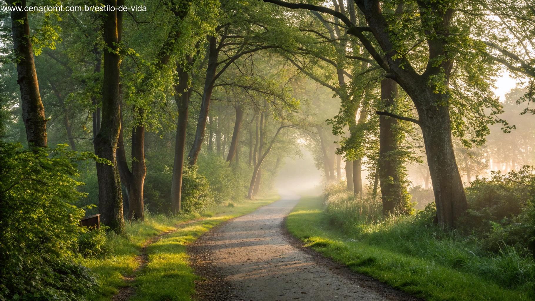 Caminho em floresta com luz da manhã representando direcionamento espiritual