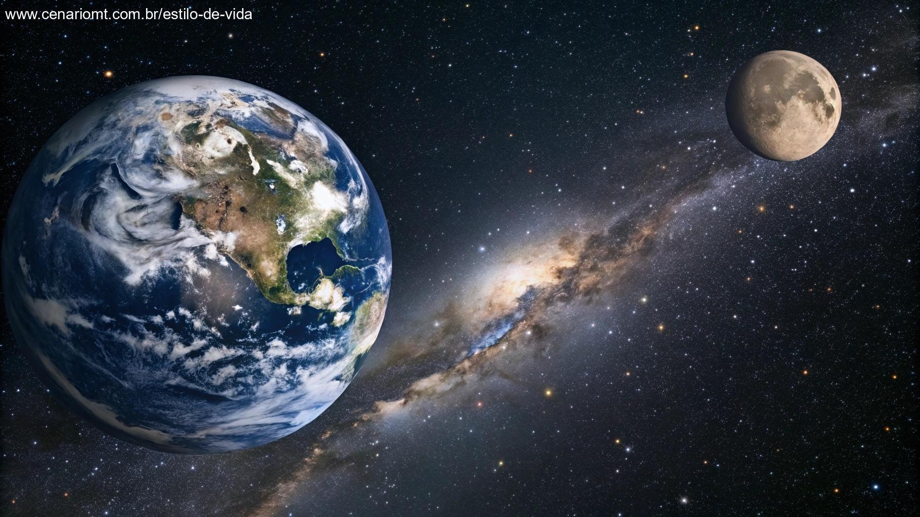 Terra e Lua no espaço mostrando distância proporcional