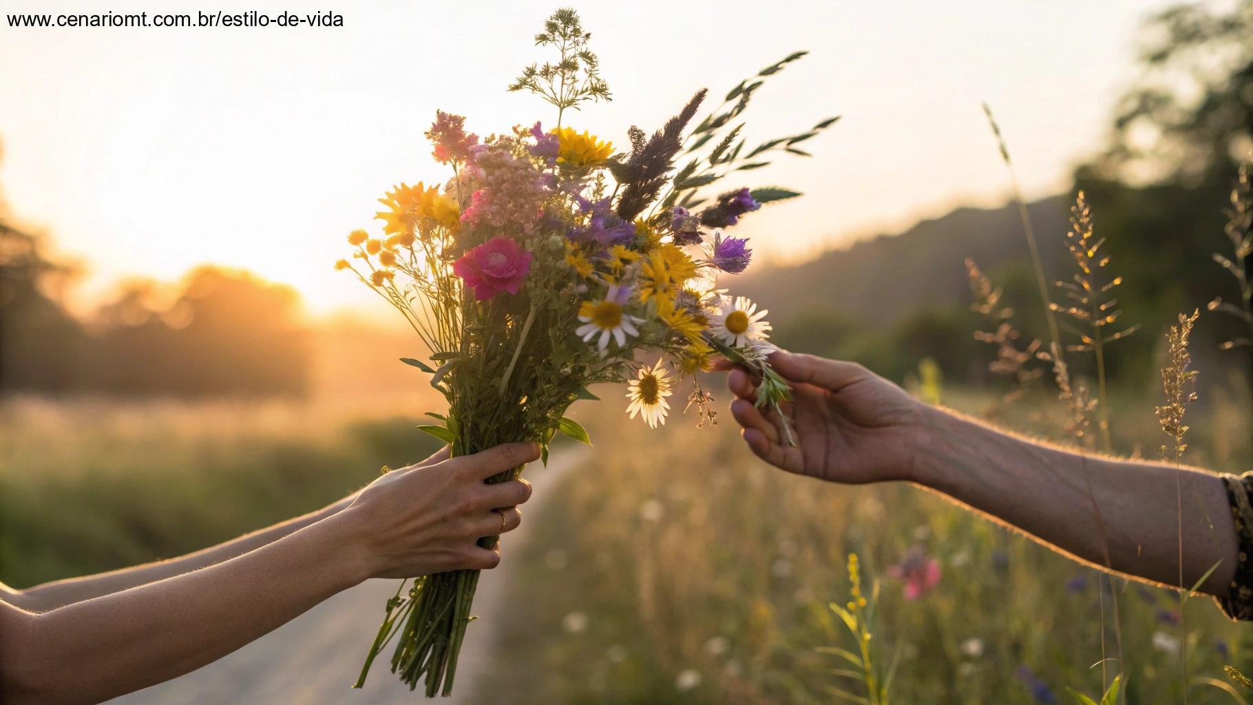 Mãos oferecendo flores silvestres ao nascer do sol, representando bênçãos