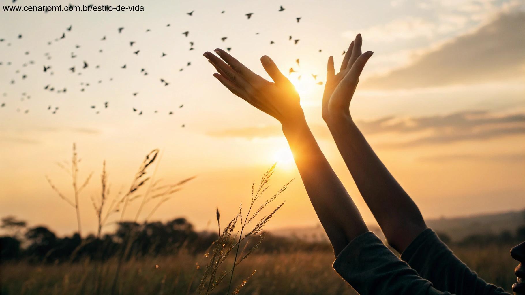Mãos liberando luz brilhante ao nascer do sol