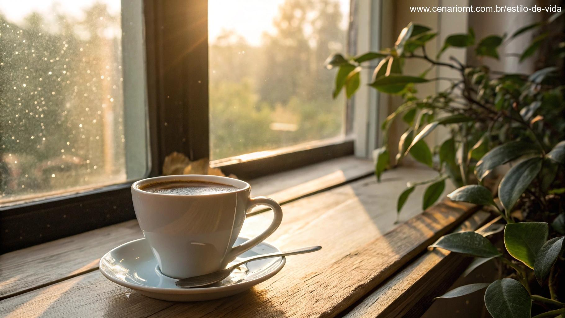 Uma xícara de café aconchegante em uma mesa ao lado de uma janela com luz suave entrando, simbolizando uma saudação calorosa para o dia.