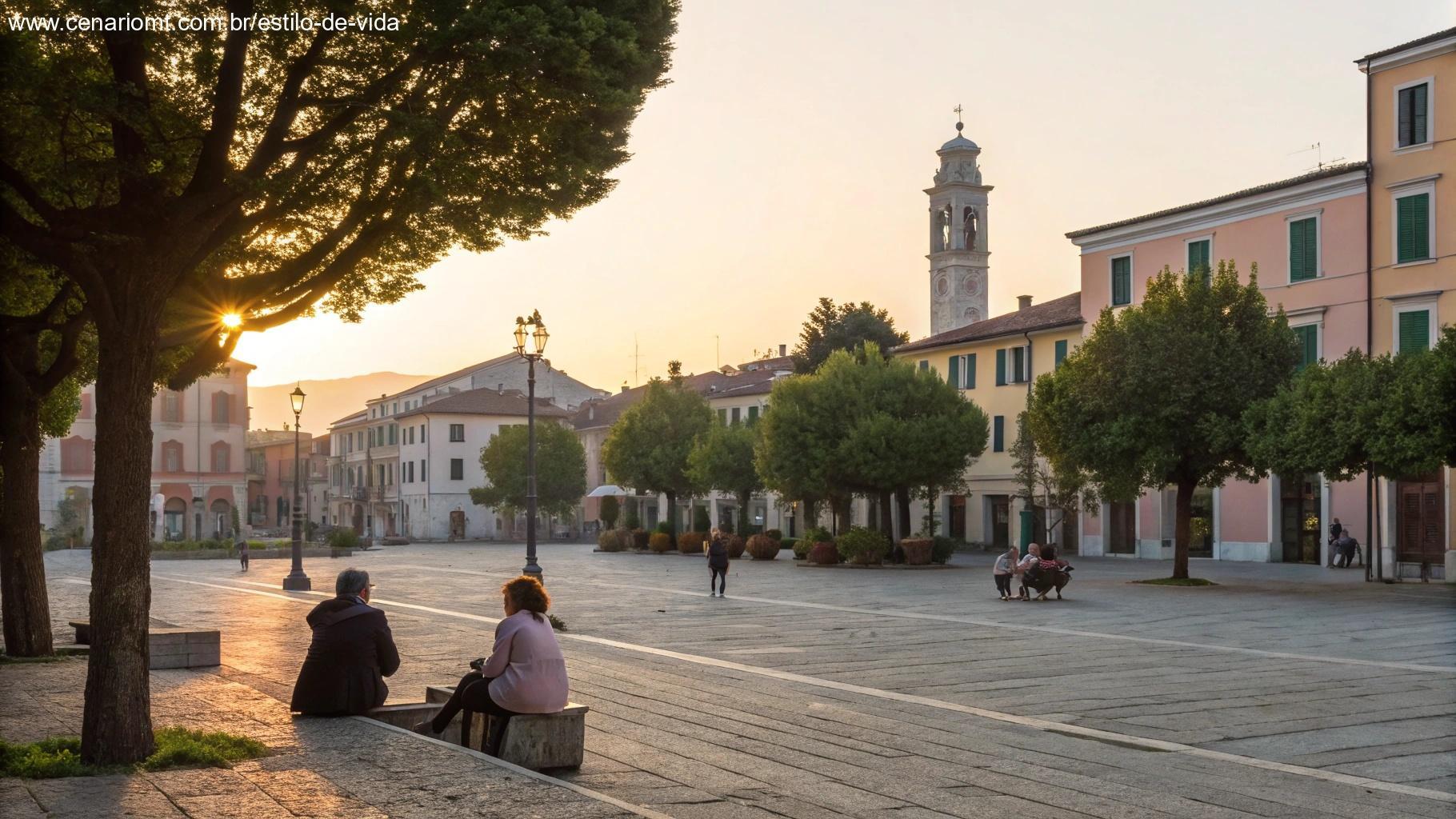 Praça tranquila ao amanhecer com pessoas reunidas em paz