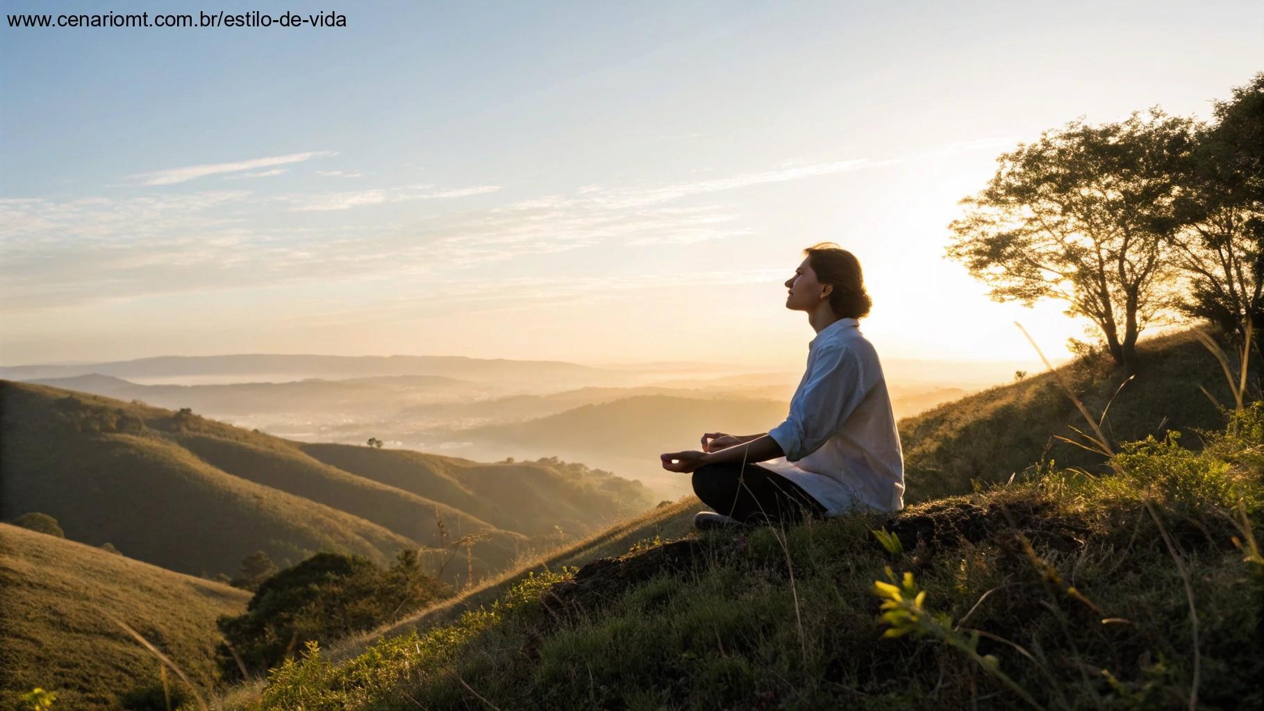 Pessoa meditando no alto de uma colina ao nascer do sol
