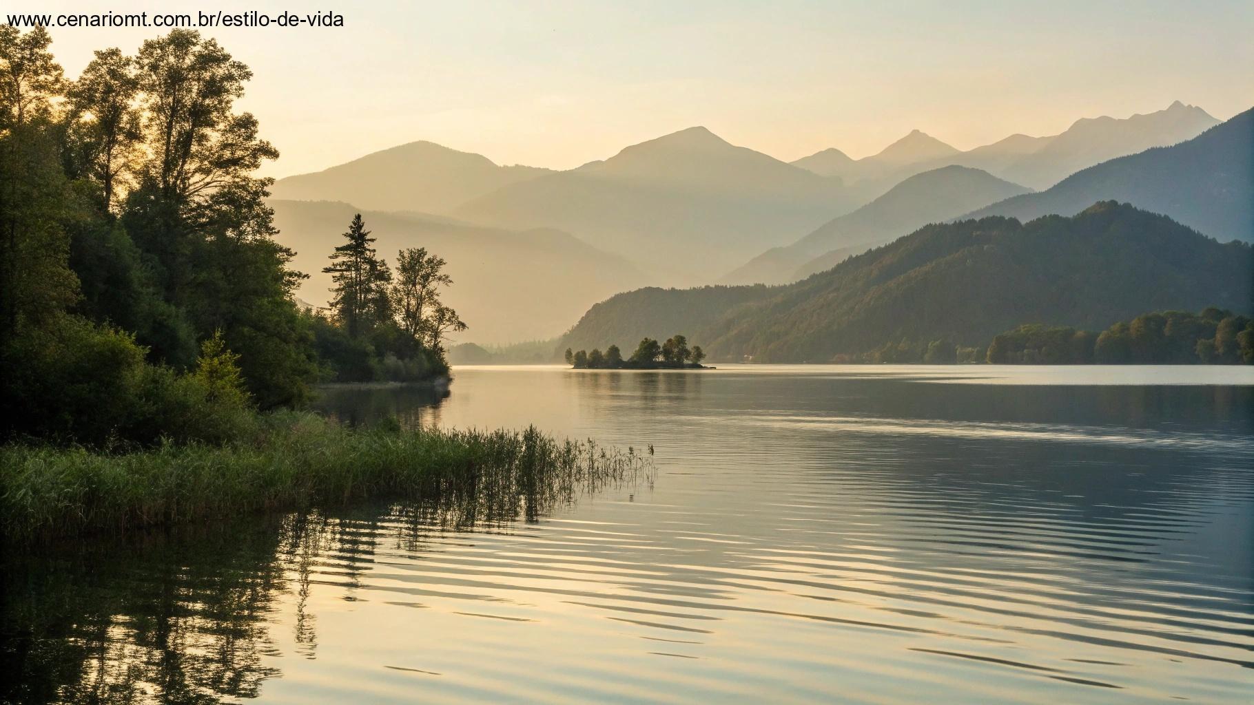Cena tranquila à beira do lago com montanhas ao fundo e luz suave