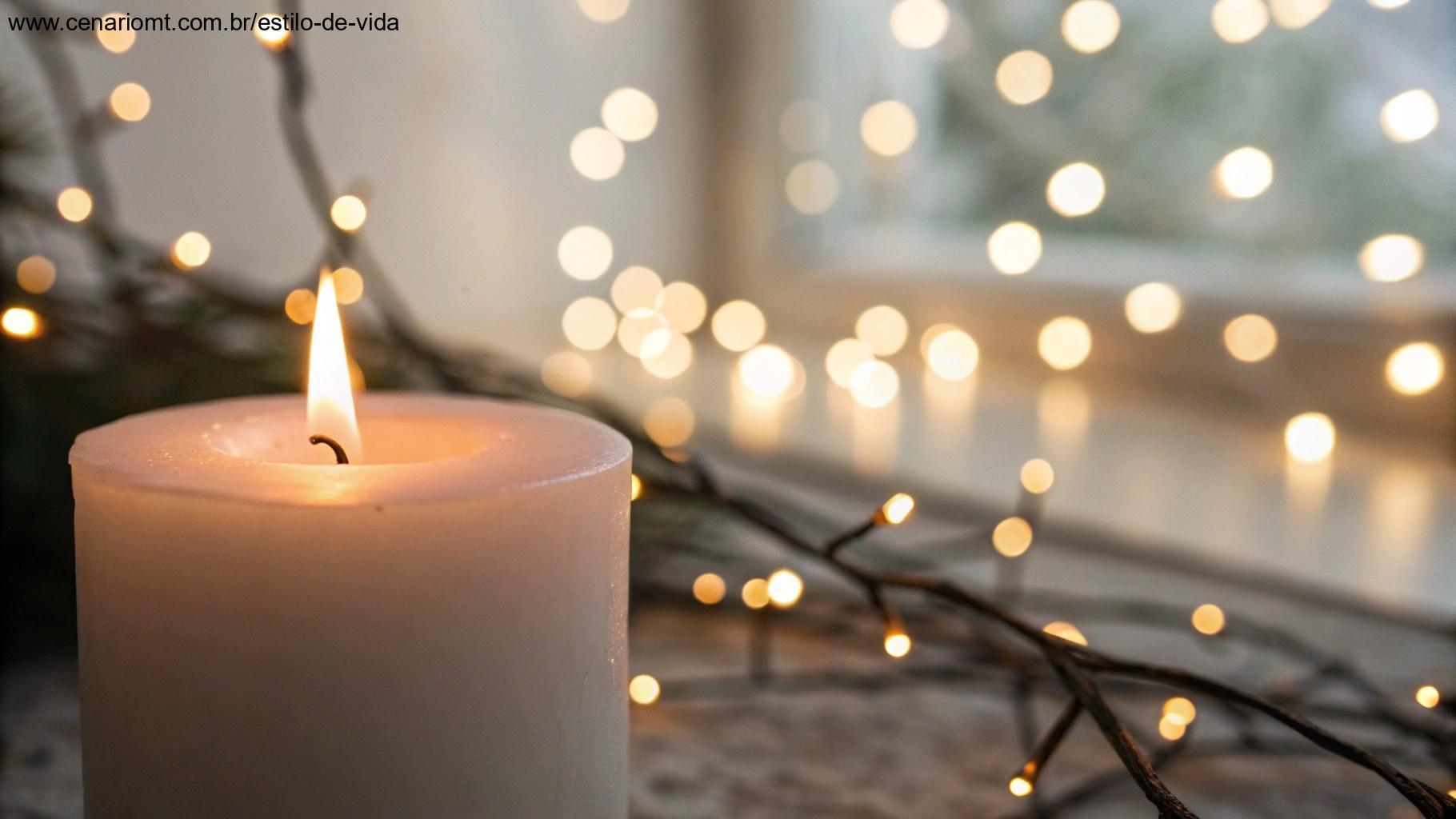 Close-up de uma chama de vela com fundo bokeh suave de luzes cintilantes, criando uma atmosfera quente e sagrada
