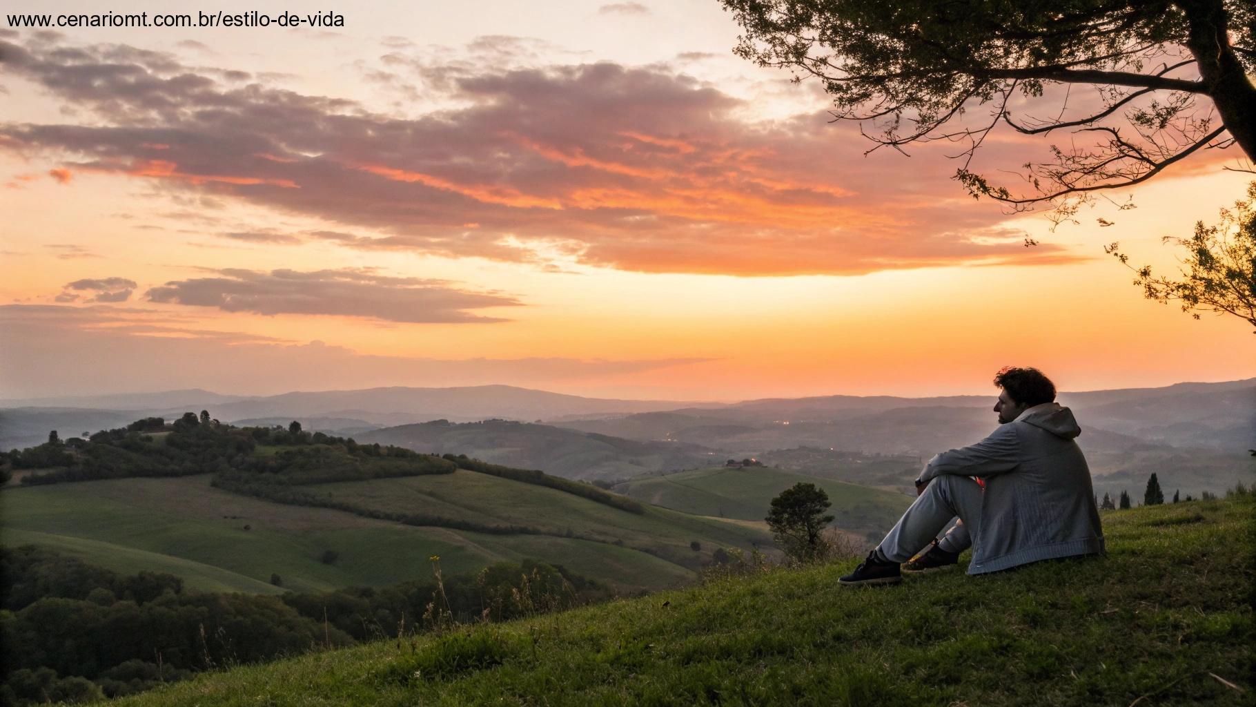 Pessoa contemplando o pôr do sol sobre colinas ao final da semana