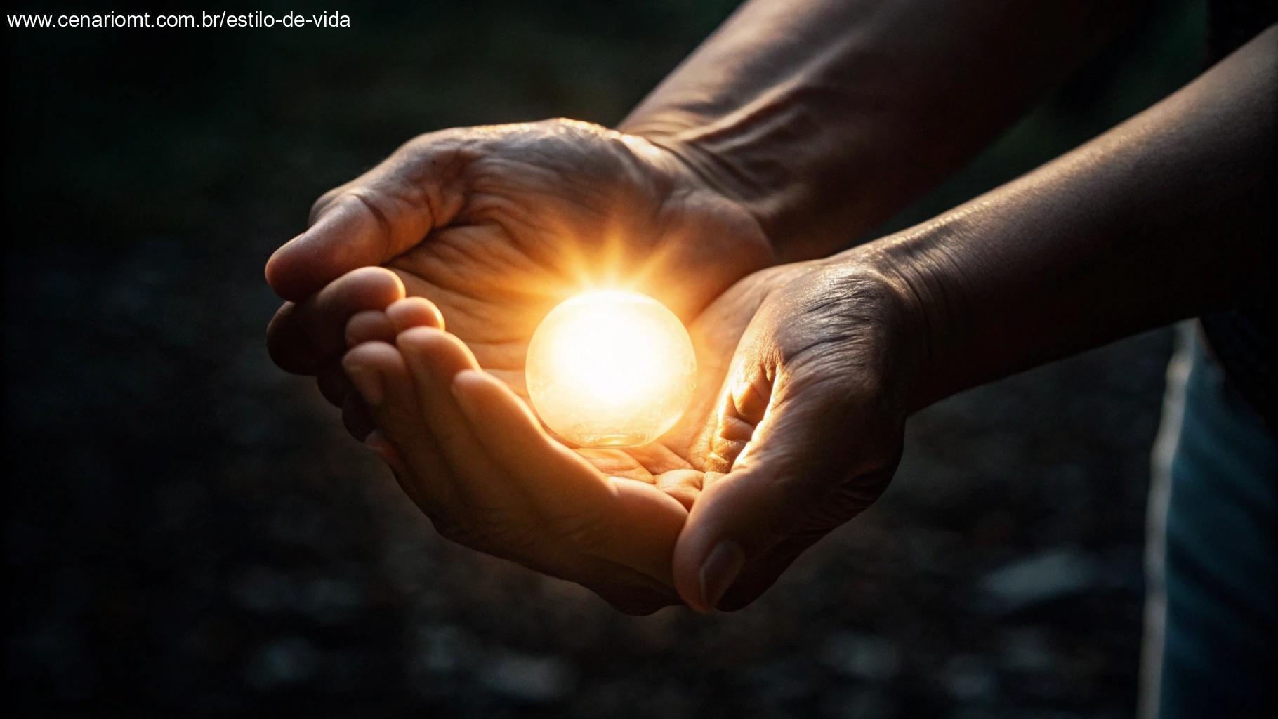 Mãos segurando uma luz brilhante em um fundo escuro