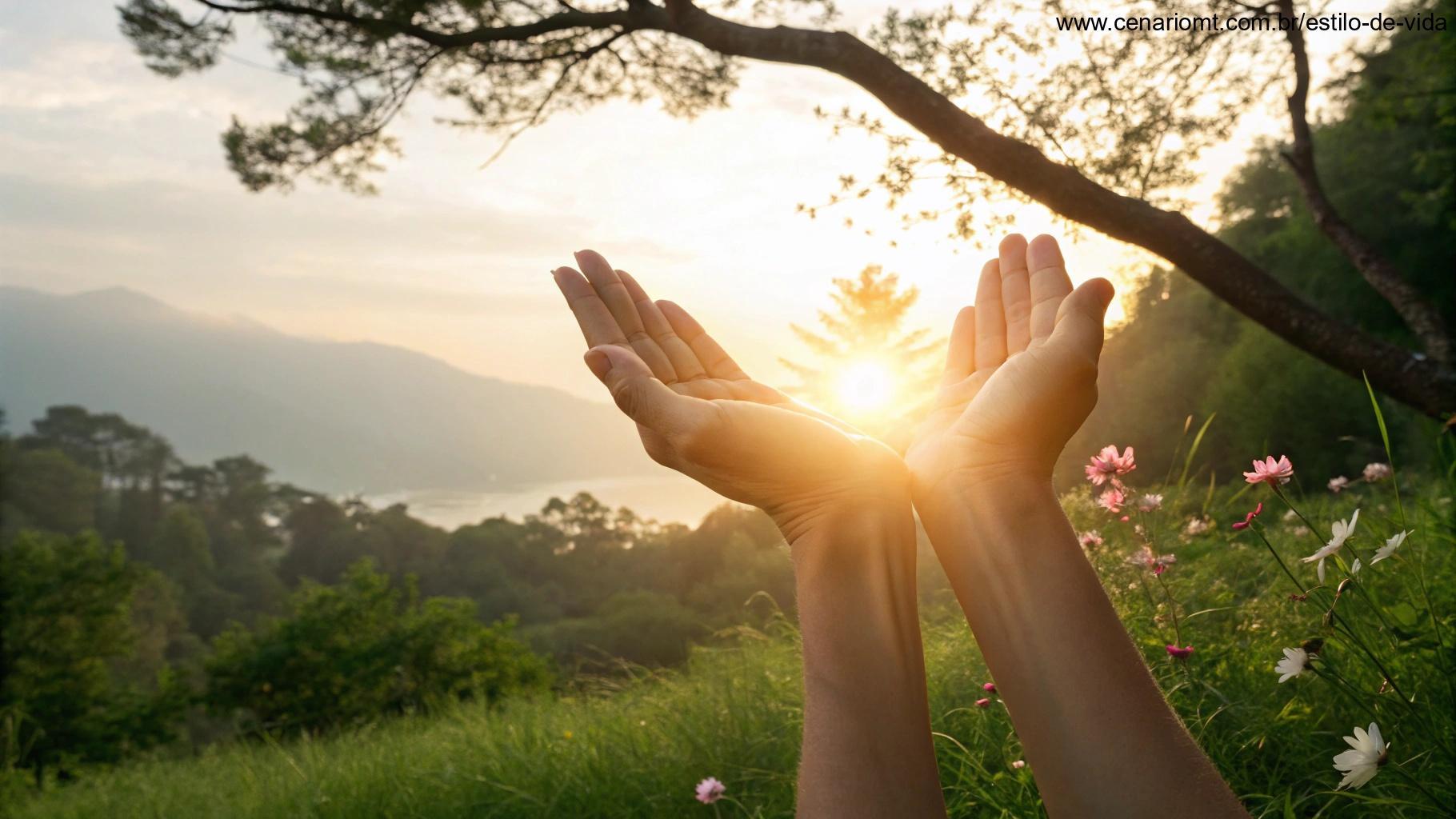 Imagem simbólica de mãos abertas espalhando luz em meio à natureza