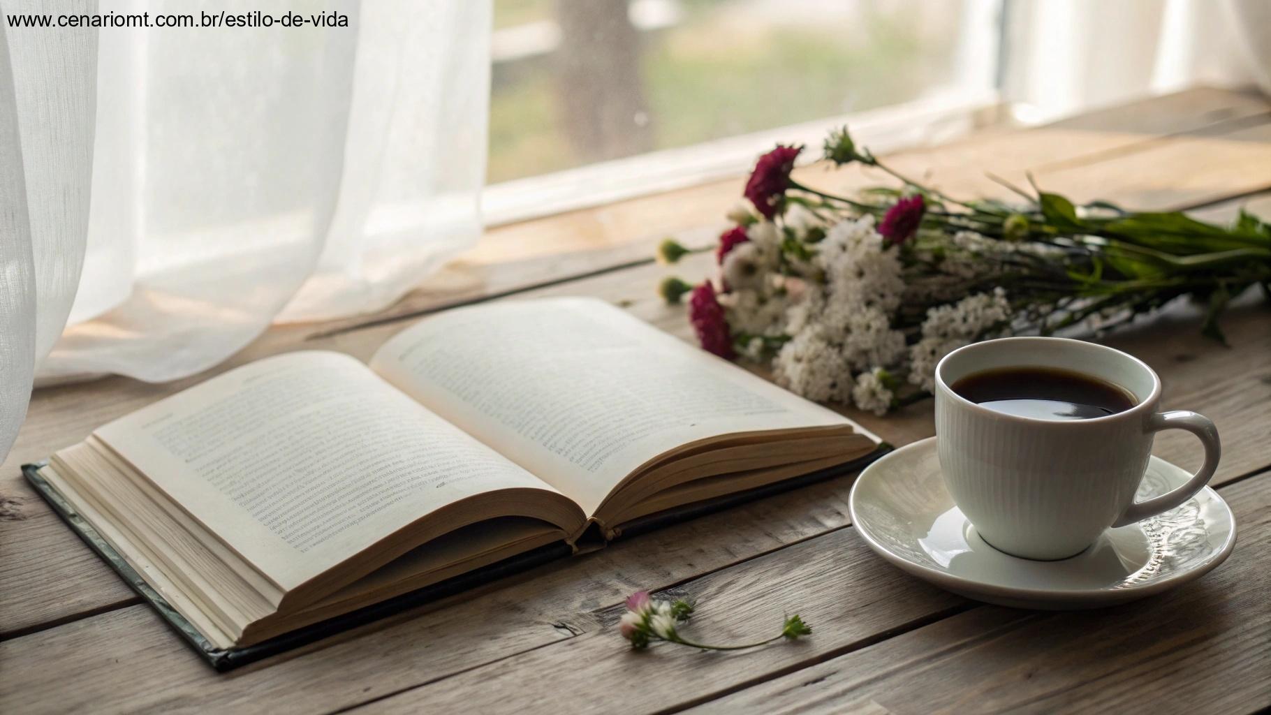 Livro aberto em uma mesa de madeira com uma xícara de café, cercado por flores frescas e luz suave da manhã