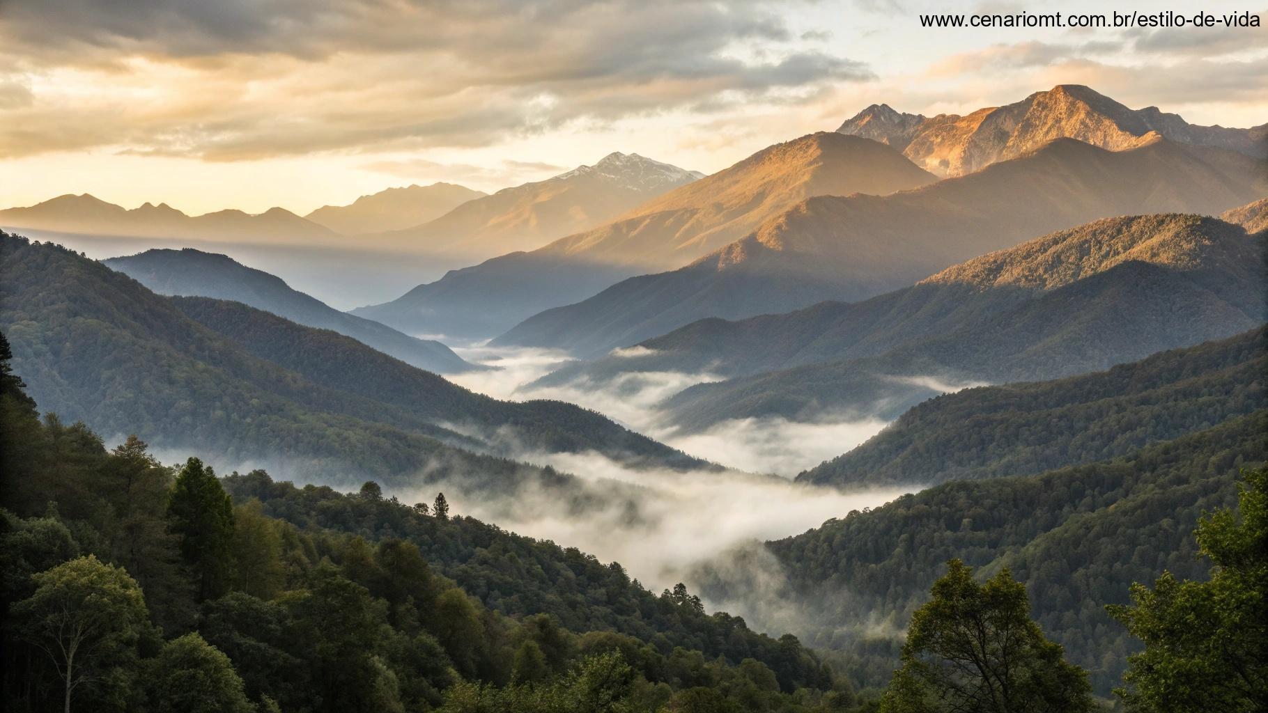 Paisagem de montanha tranquila ao amanhecer com neblina nas colinas e tons dourados iluminando os picos