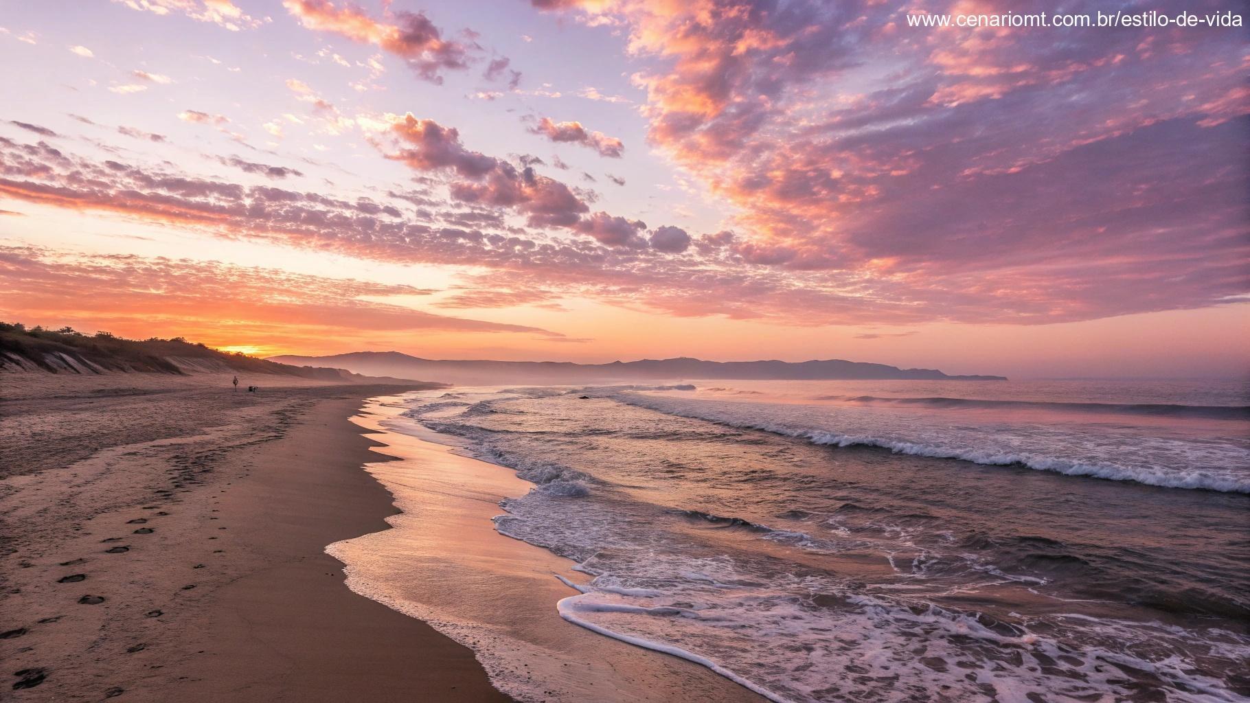 Um belo amanhecer sobre uma praia calma, com ondas suaves e cores suaves no céu, representando encontrar mais bênçãos e mensagens para a sexta-feira.