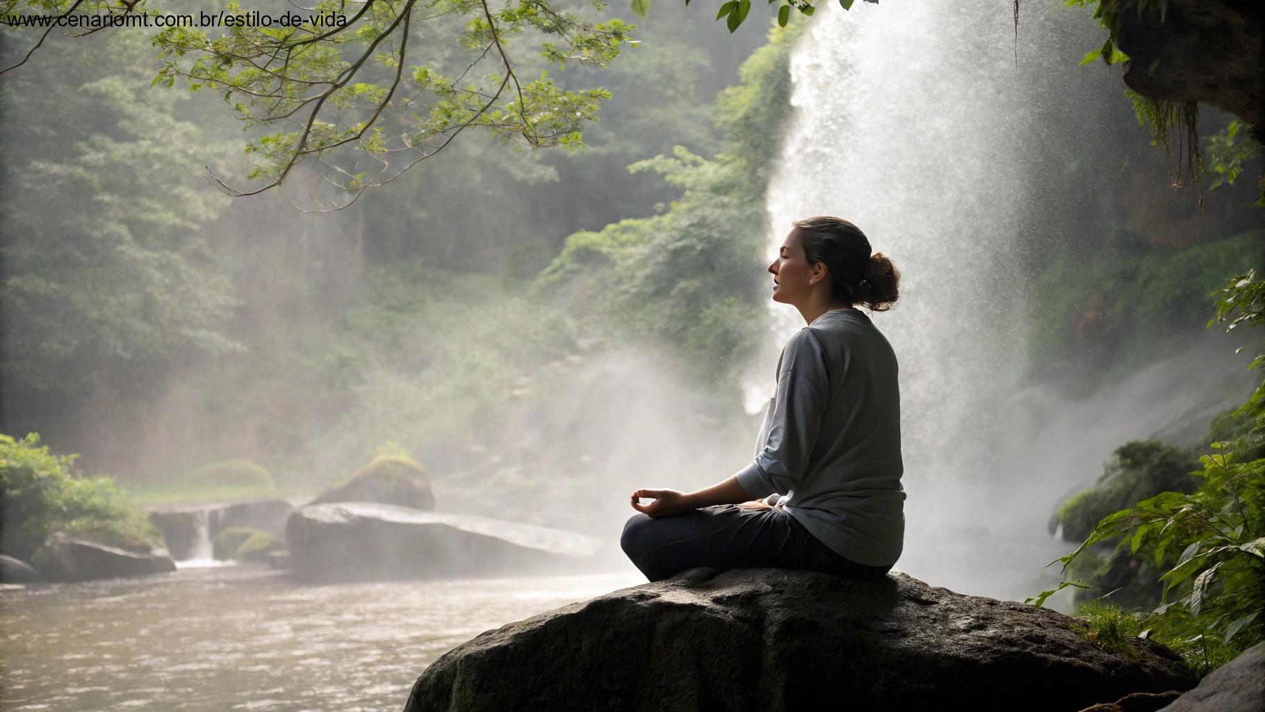 Pessoa meditando em uma pedra perto de uma cachoeira suave, cercada por névoa e vegetação