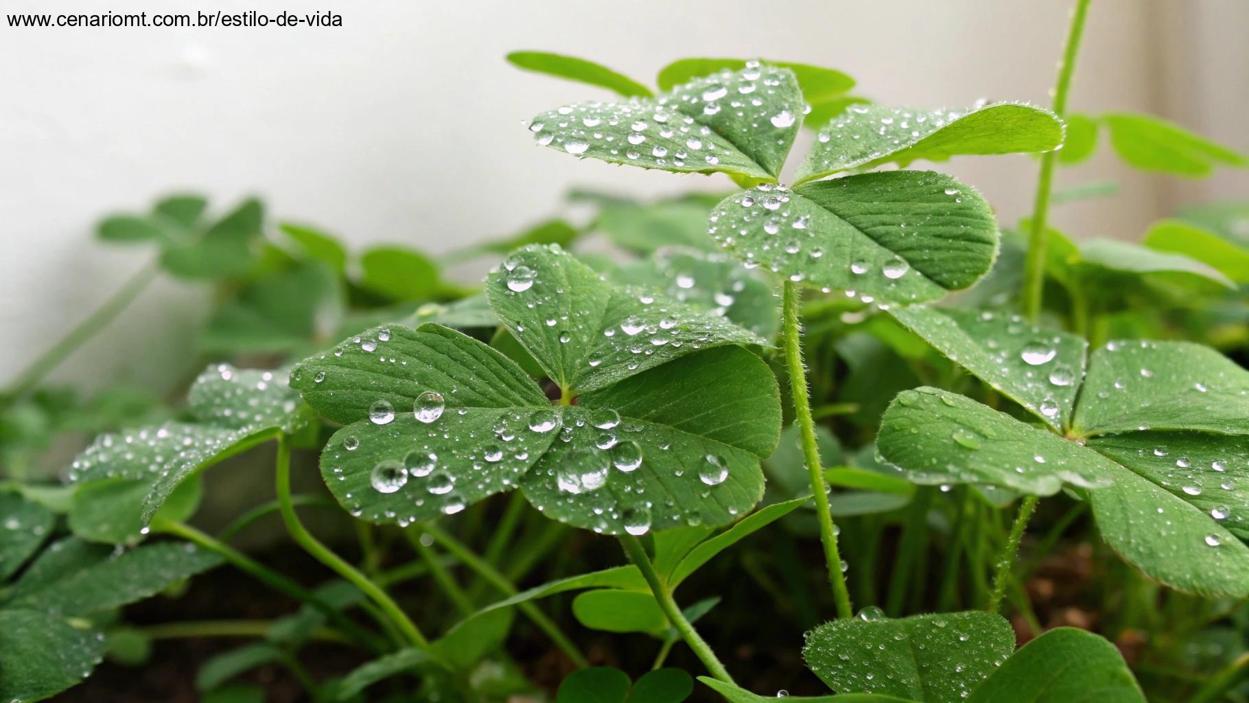 Orvalho da manhã em folhas verdes vibrantes