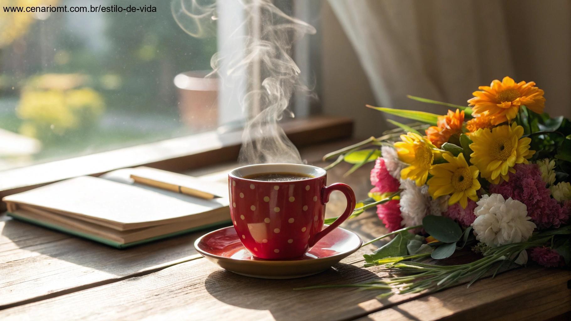 Xícara de café fumegante sobre mesa de madeira com flores e caderno, iluminada pela luz da manhã