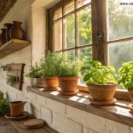 Ervas cultivadas em vasos na cozinha com luz natural