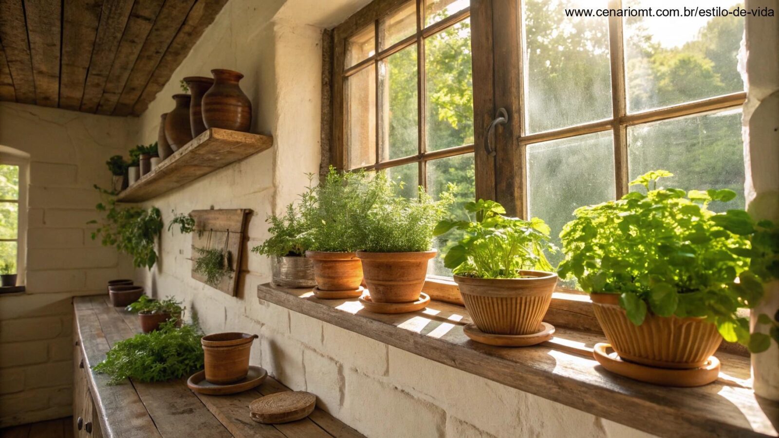 Ervas cultivadas em vasos na cozinha com luz natural