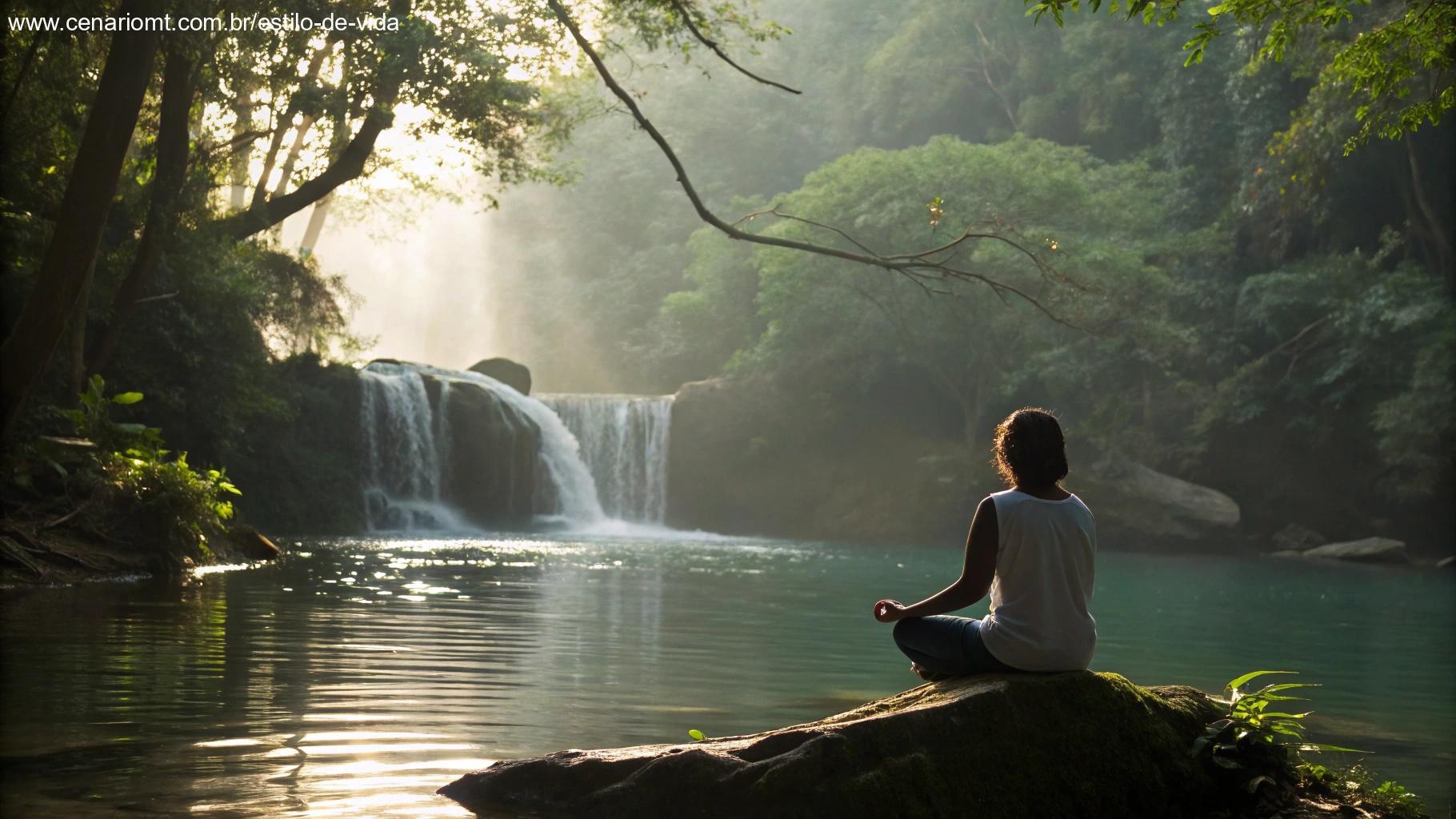 Pessoa meditando perto de uma cachoeira em manhã tranquila