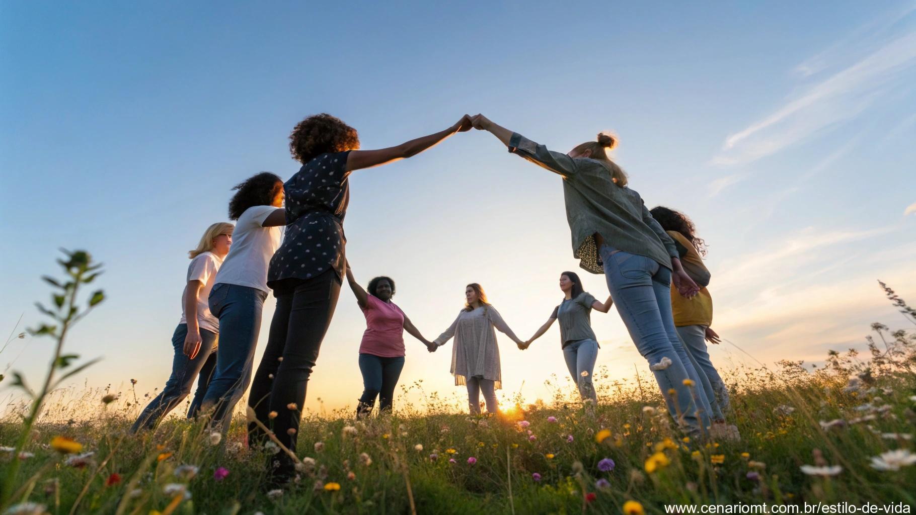 Grupo diversificado de pessoas formando um círculo de mãos dadas com um brilho quente no centro, campo de flores sob céu azul
