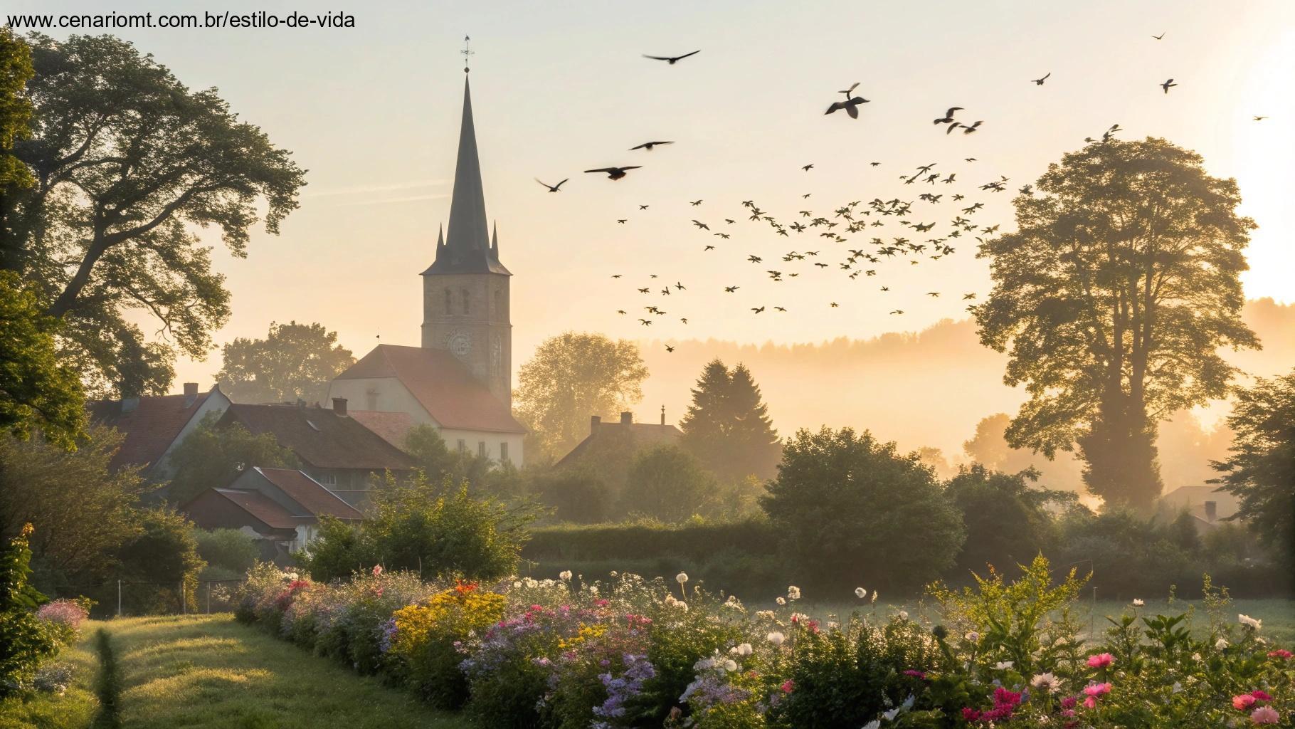 Cenário matinal tranquilo com igreja ao fundo e natureza ao redor