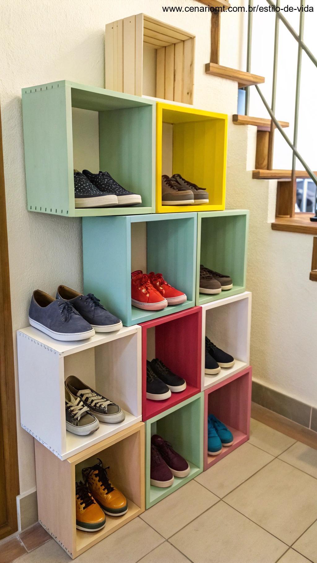 Estante de parede modular feita com caixas reaproveitadas