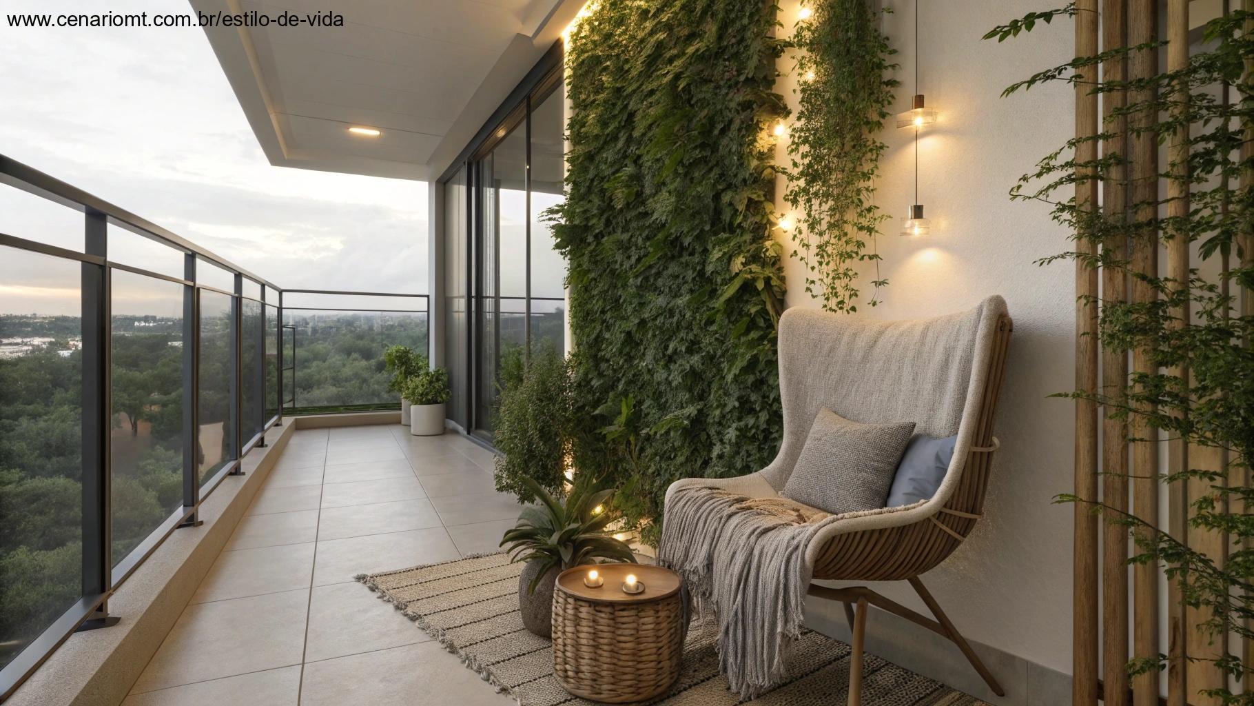 Varanda relaxante com jardim vertical, cadeira aconchegante e luz suave