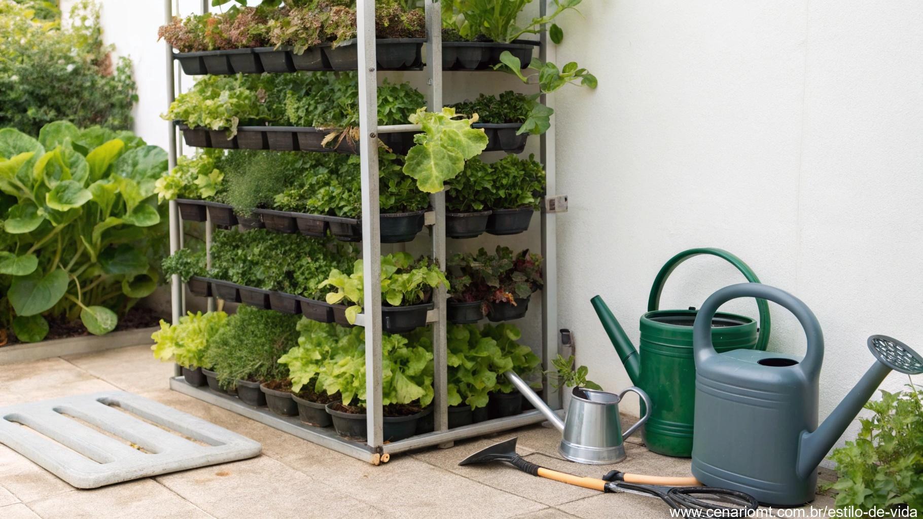 Jardim vertical bem cuidado com sistema de irrigação e ferramentas de jardinagem