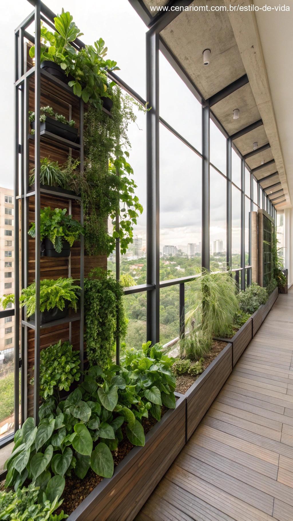 Estrutura metálica com jardim vertical no estilo industrial
