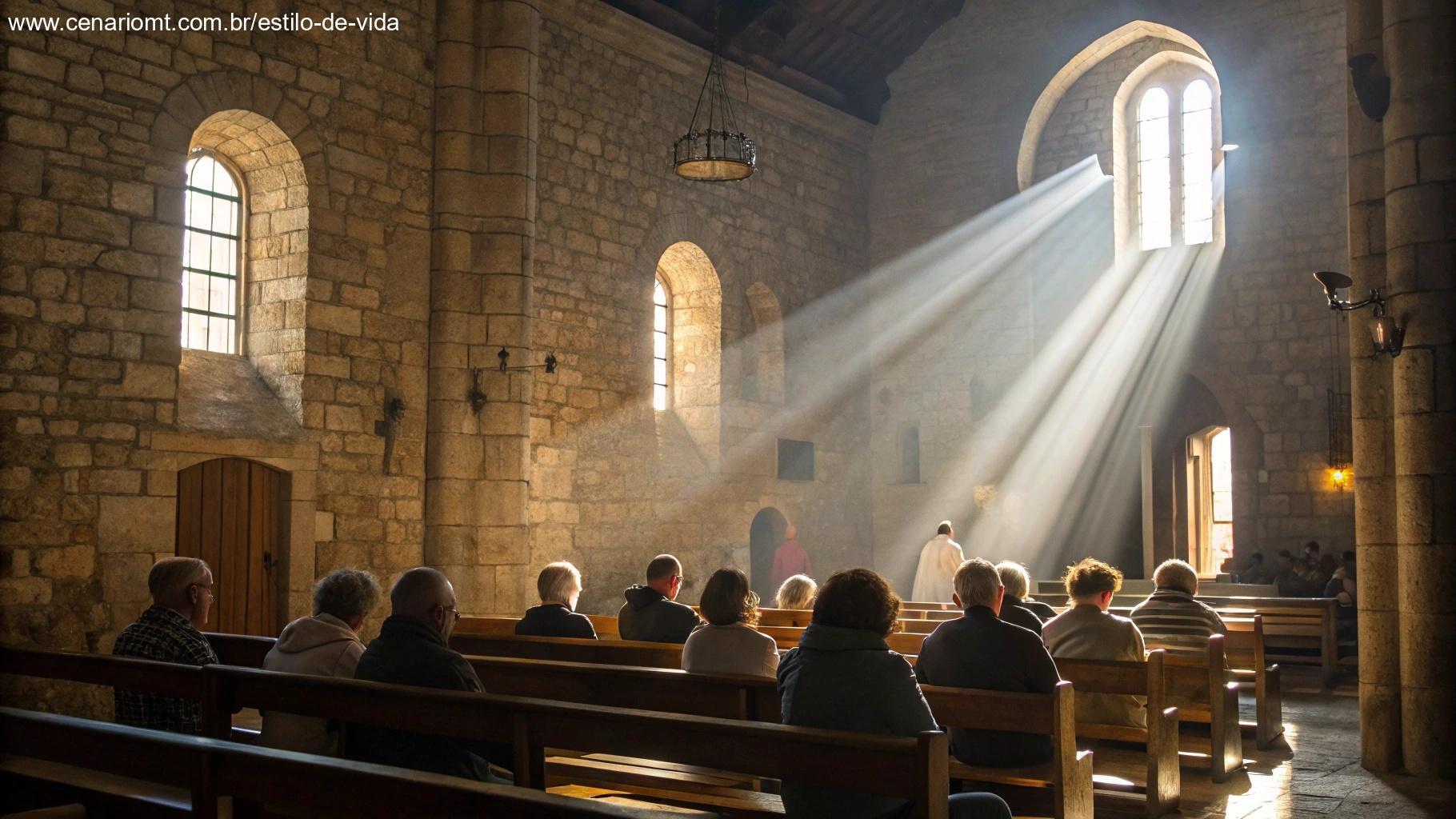 Interior de igreja com luz da manhã entrando e fiéis em contemplação