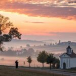 Pessoa orando ao amanhecer em uma vila tranquila com uma capela ao fundo