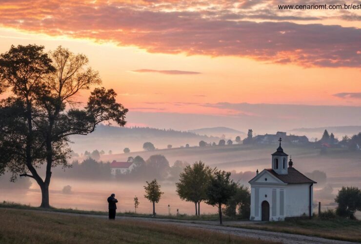 Pessoa orando ao amanhecer em uma vila tranquila com uma capela ao fundo