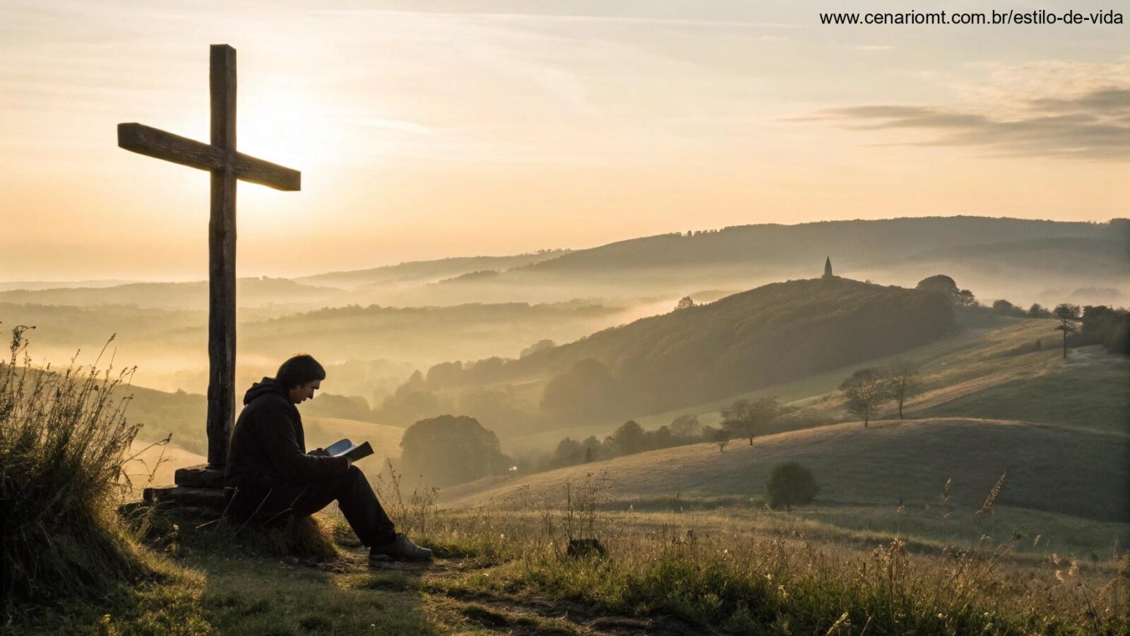 Nascer do sol tranquilo com uma figura lendo próximo a uma cruz de madeira