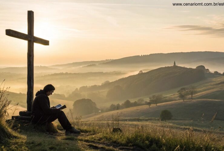 Nascer do sol tranquilo com uma figura lendo próximo a uma cruz de madeira