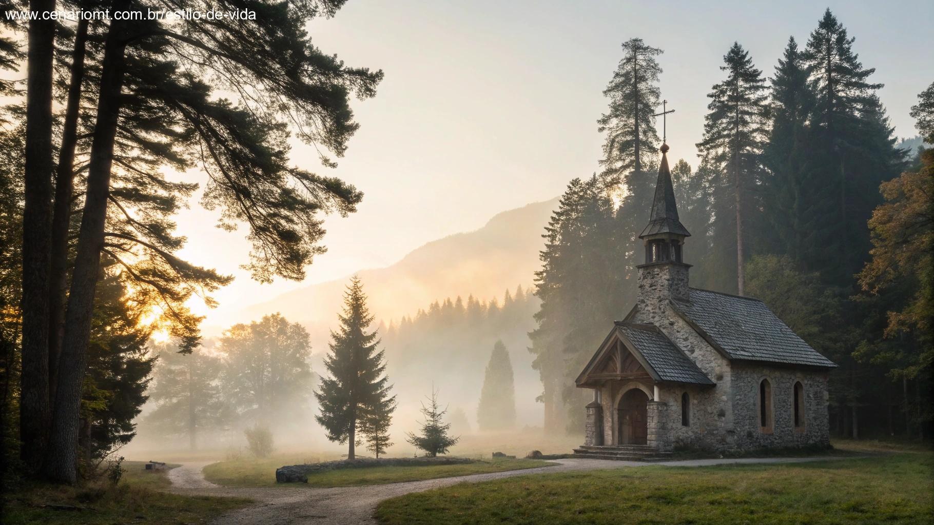 Capela serena na floresta ao amanhecer, representando paz espiritual