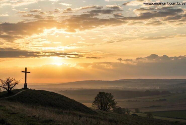 Paisagem ao amanhecer com uma cruz solitária em uma colina, simbolizando fé e reflexão espiritual