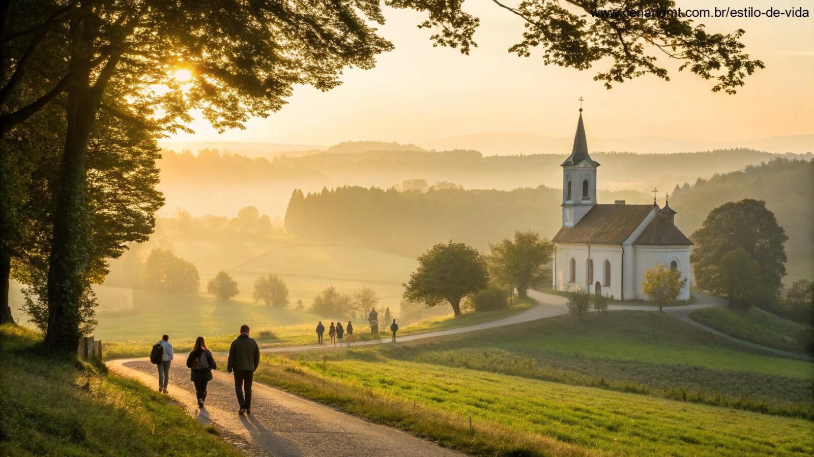 Imagem de um nascer do sol tranquilo sobre uma igreja no campo