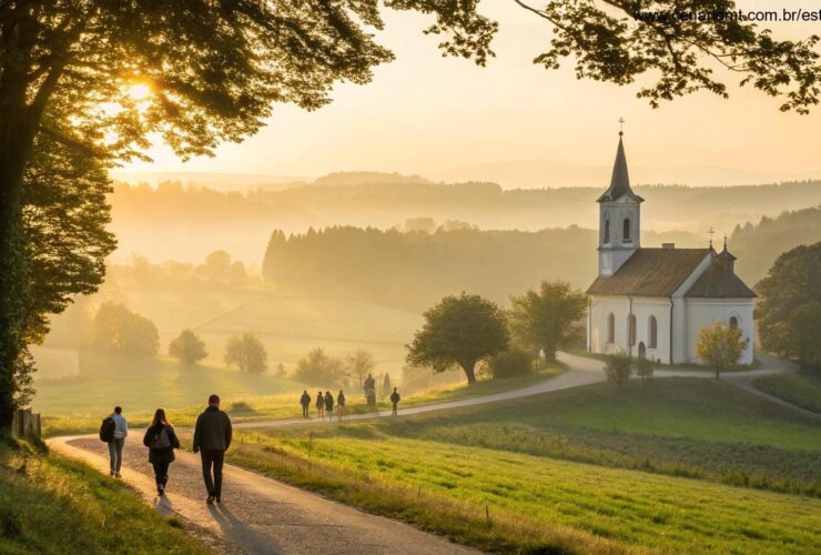 Imagem de um nascer do sol tranquilo sobre uma igreja no campo