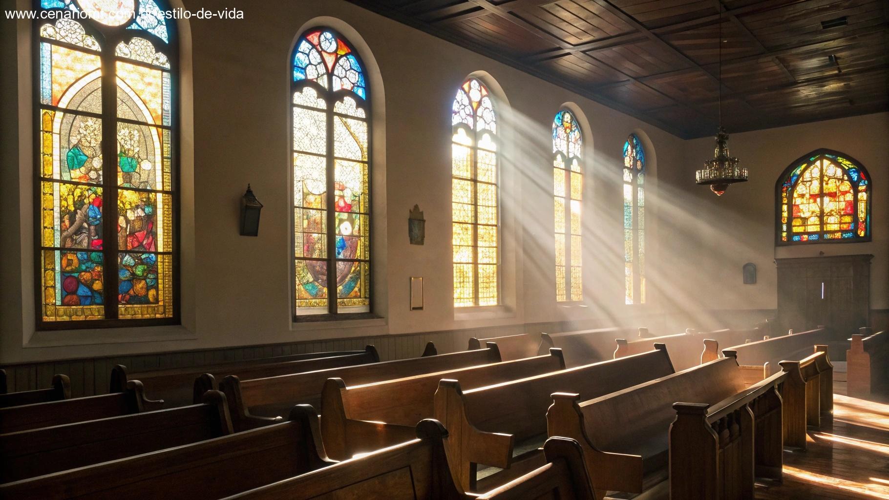 Luz suave da manhã passando pelos vitrais de uma igreja, criando um ambiente sagrado