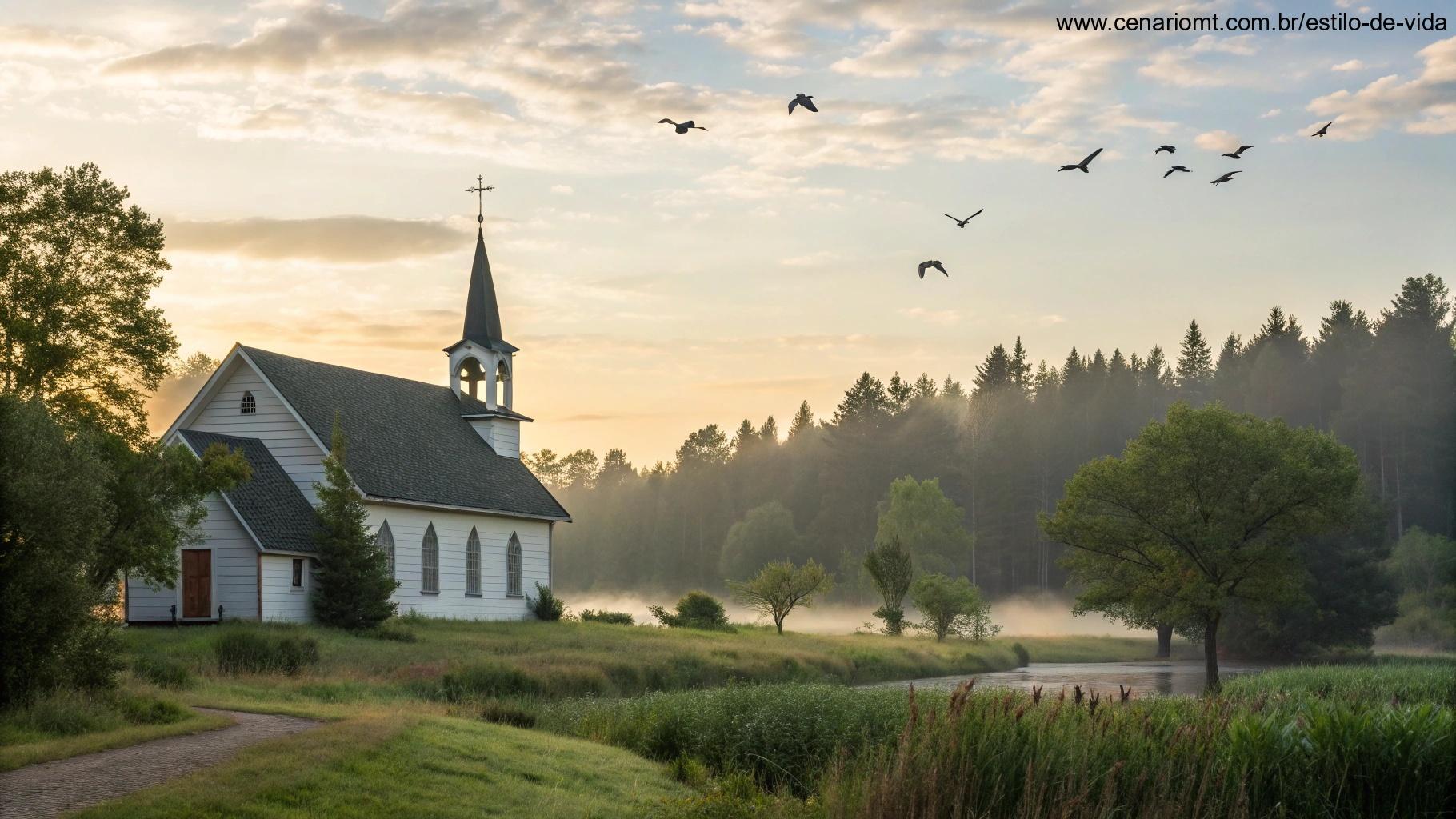 Cenário calmo de manhã com uma igreja tranquila cercada pela natureza, evocando paz e fé.