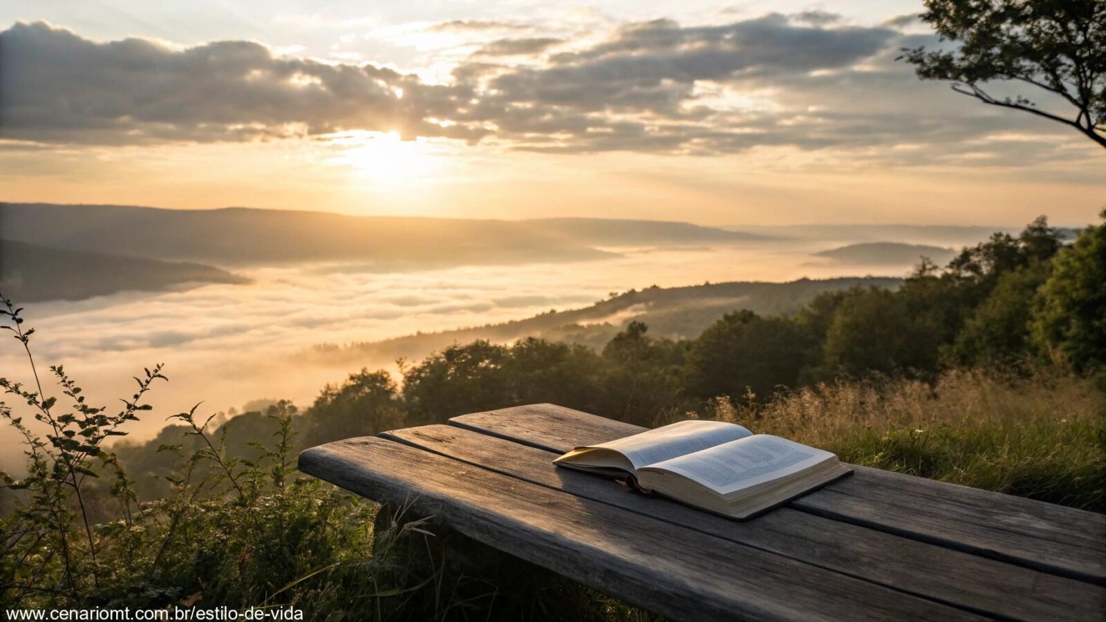Imagem de um nascer do sol tranquilo com uma Bíblia aberta sobre um banco de madeira, simbolizando reflexão espiritual