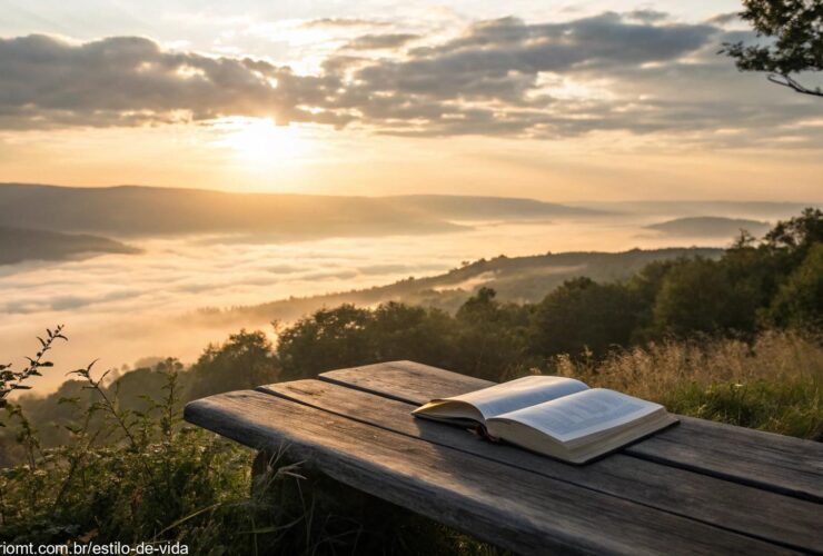 Imagem de um nascer do sol tranquilo com uma Bíblia aberta sobre um banco de madeira, simbolizando reflexão espiritual
