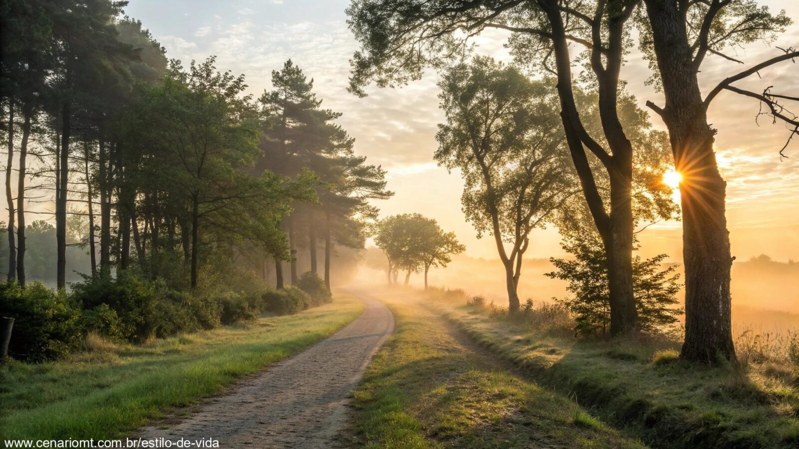 Luz suave do amanhecer iluminando uma trilha serena na floresta, representando a presença de Deus