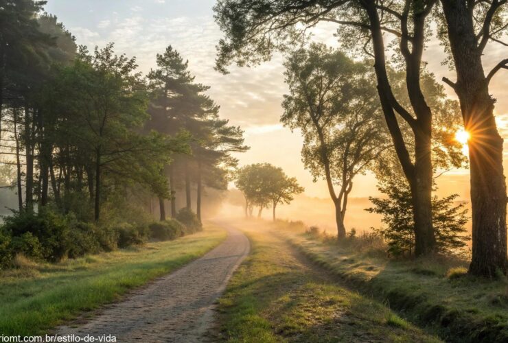 Luz suave do amanhecer iluminando uma trilha serena na floresta, representando a presença de Deus