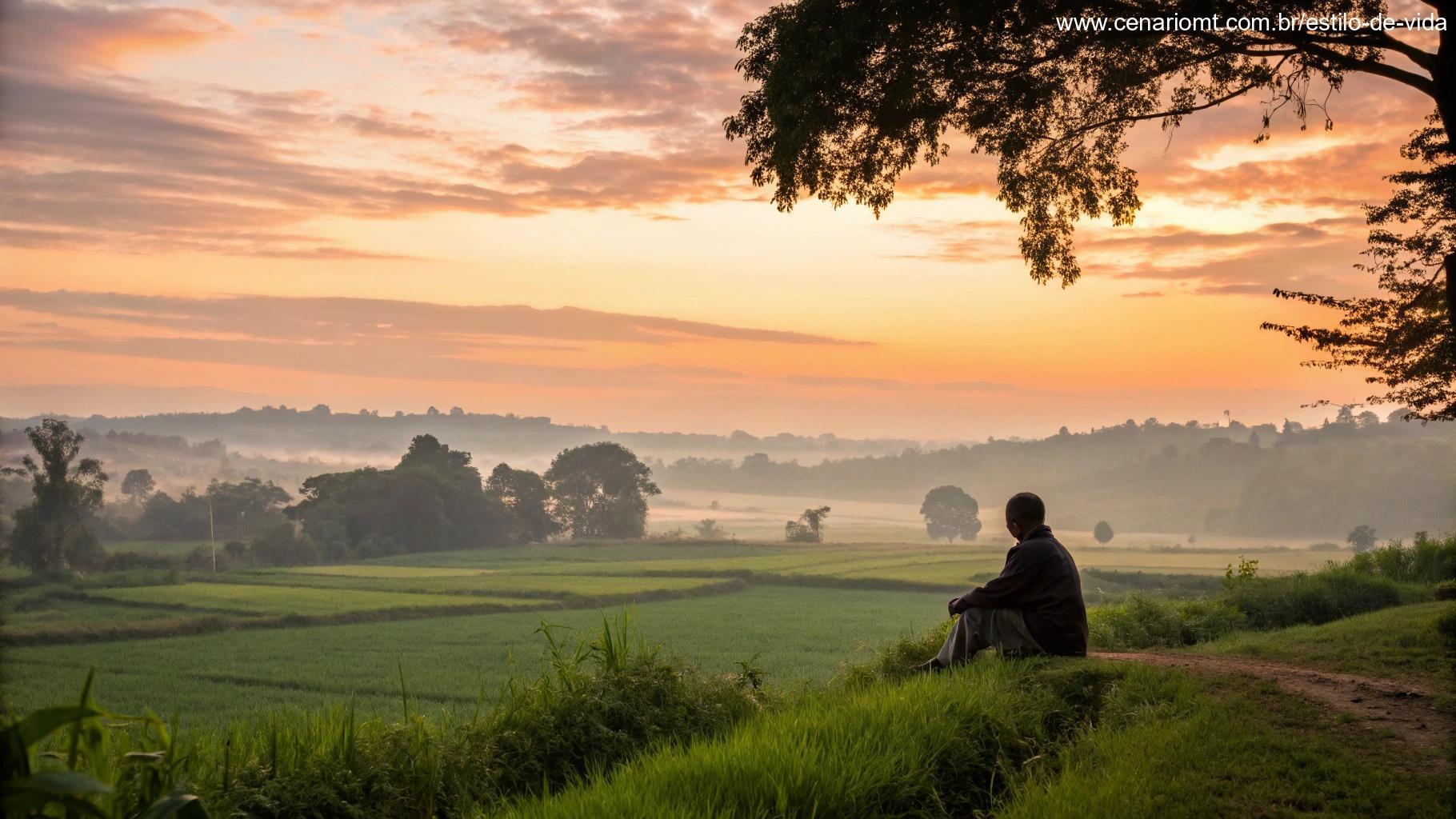 Pessoa lendo a Bíblia ao amanhecer no campo tranquilo